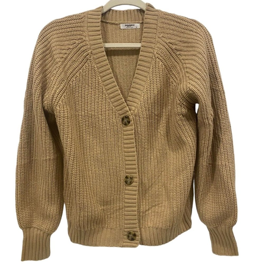 ZEAGOO Women's Light Brown Crochet Acrylic Button Front Sweater SMALL